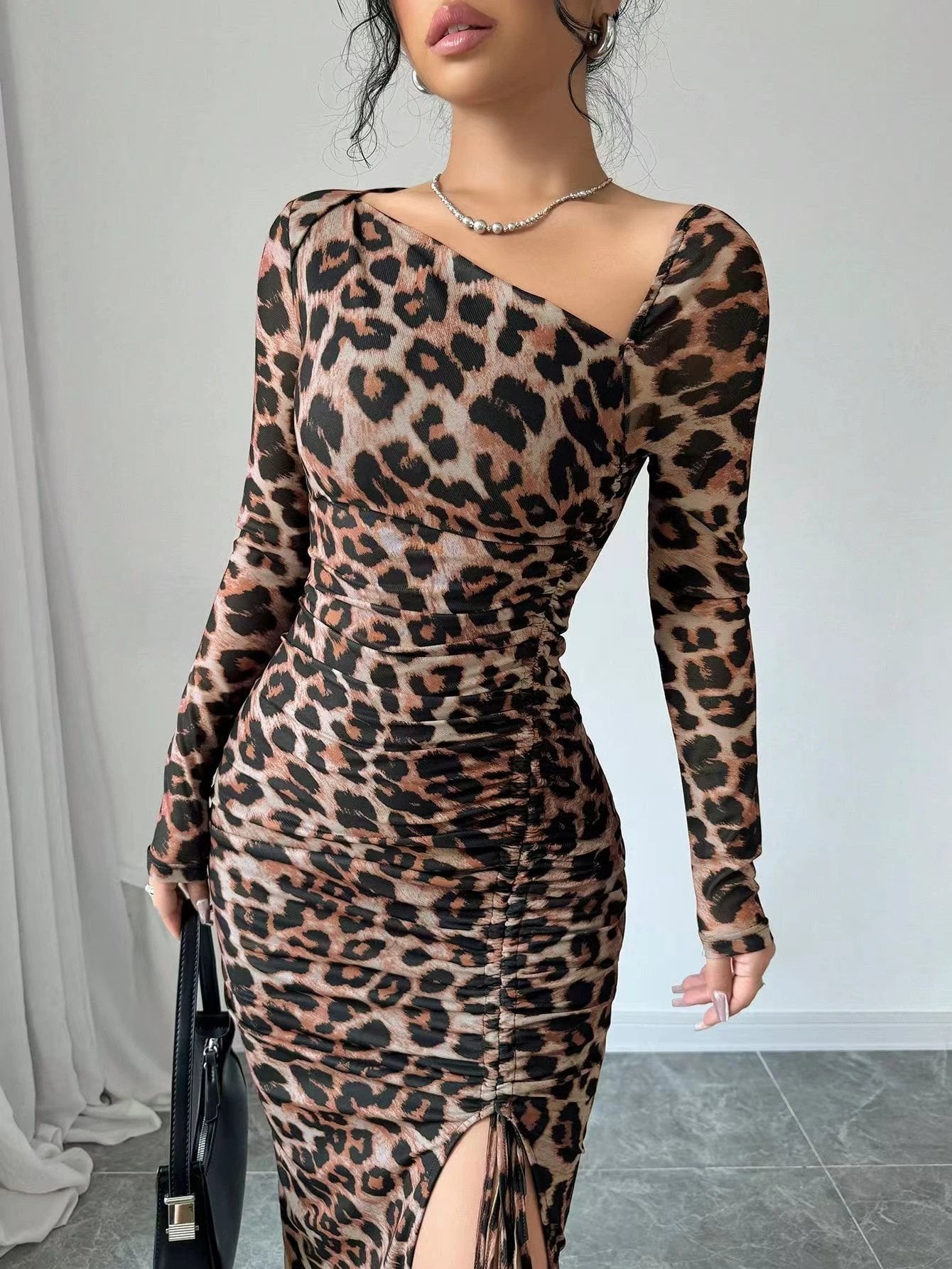 New Women's irregular V-Neck Long Sleeve Sexy Leopard Print Dress by GJG Denim