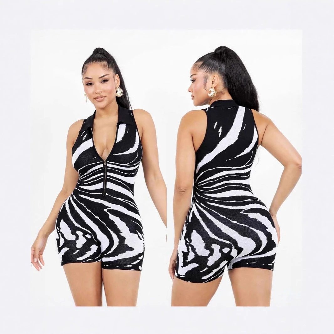 Fashionable Striped Romper With A Half-zip Front And Collar by GJG Denim