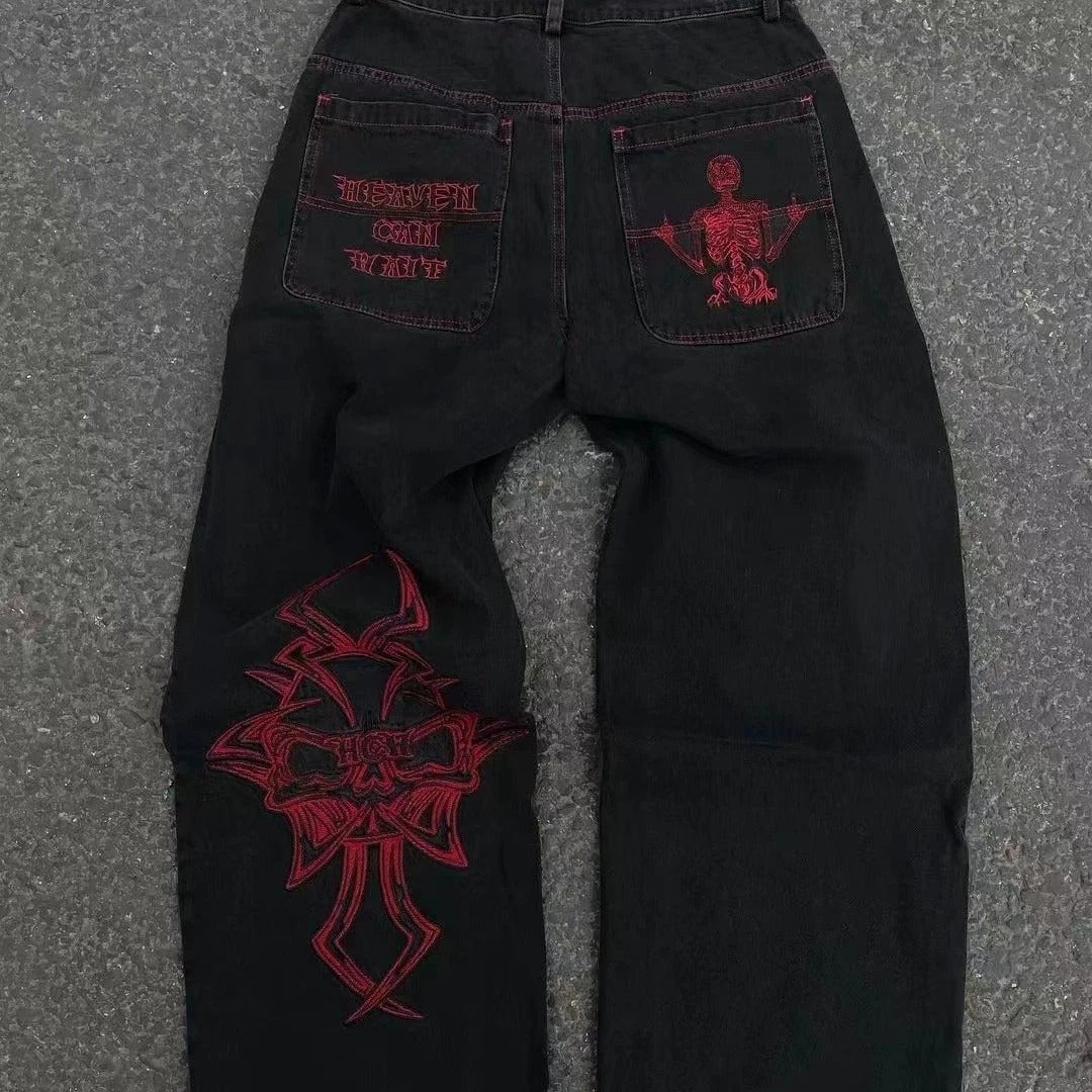 Embroidered Skull Cotton Casual Pants Men's Straight-leg Pants by GJG Denim
