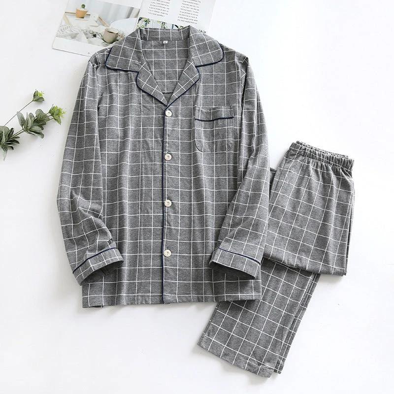 Men's Thin Plaid Long Sleeved Loose Pajamas by GJG Denim