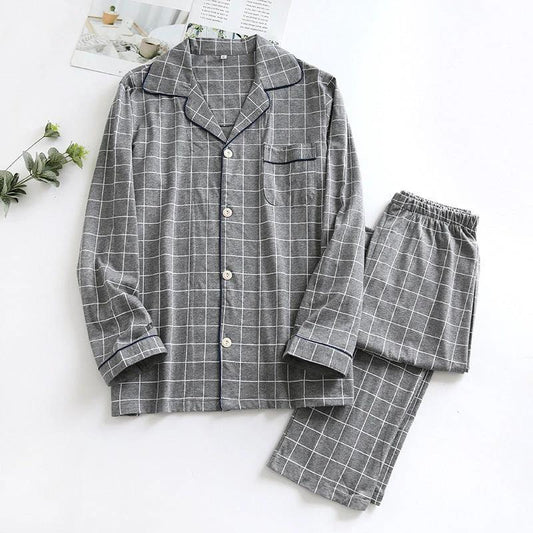 Men's Thin Plaid Long Sleeved Loose Pajamas by GJG Denim