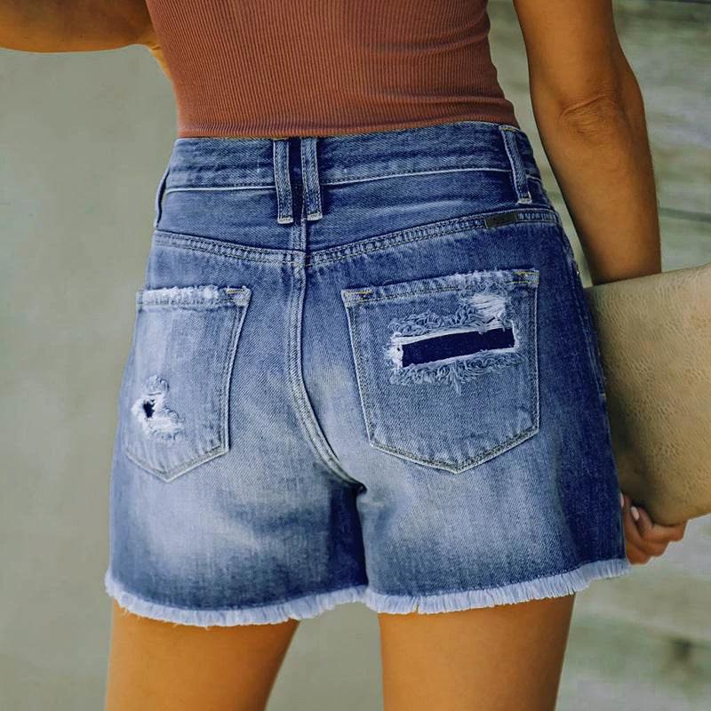 Explosive Hole Flow Patch Ladies High Stretch Denim Shorts by Zara-Craft