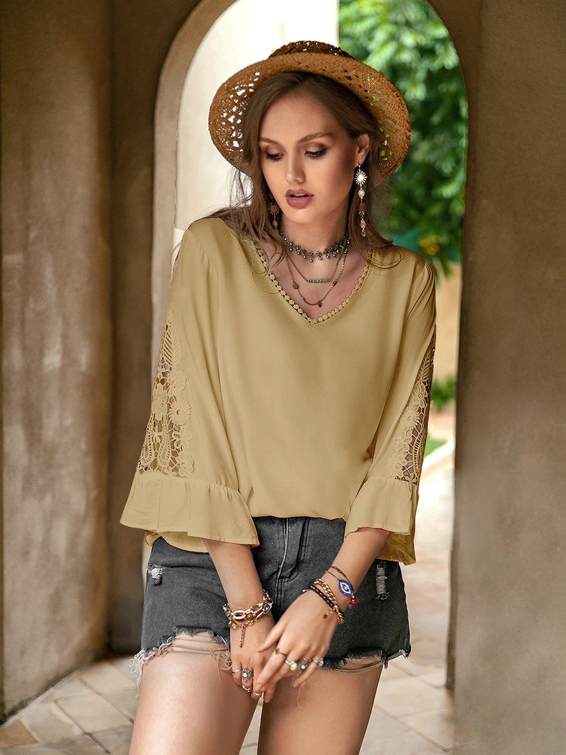 Plus Size Lace Detail V-Neck Flounce Sleeve Blouse by Lady Ros