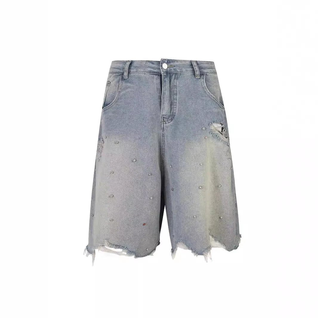Ripped Frayed-edge Loose-fit Casual Denim Shorts For Men by GJG Denim