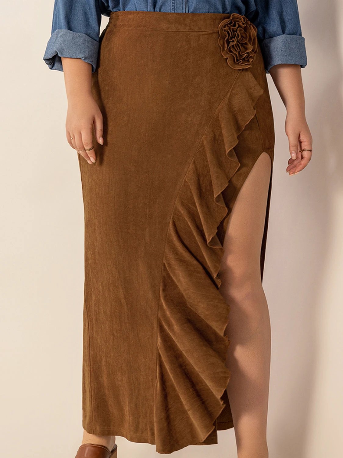 Plus Size Ruffled Slit High Rise Skirt by Lady Ros