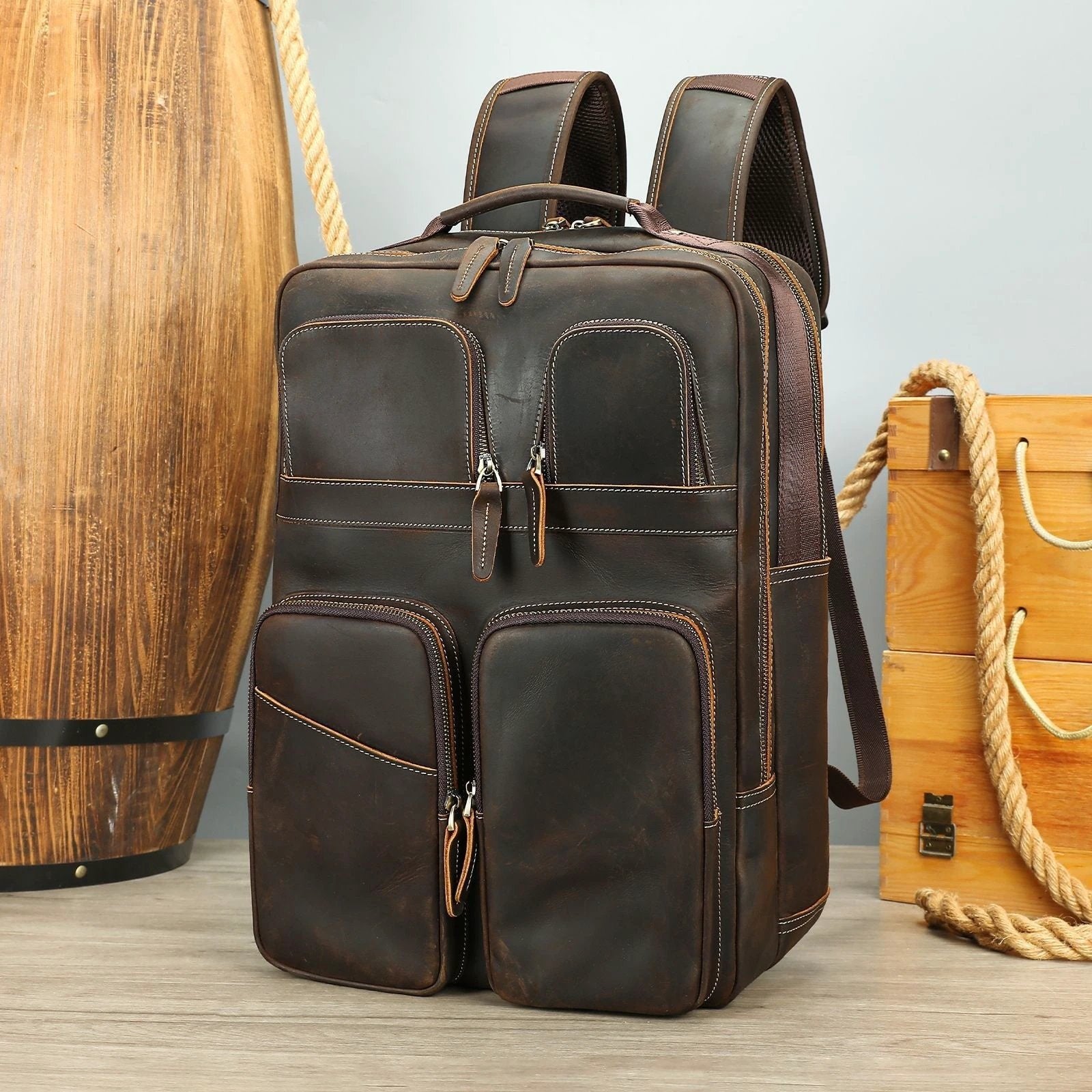 Men's Leather Large-Capacity Backpack by GJG Denim
