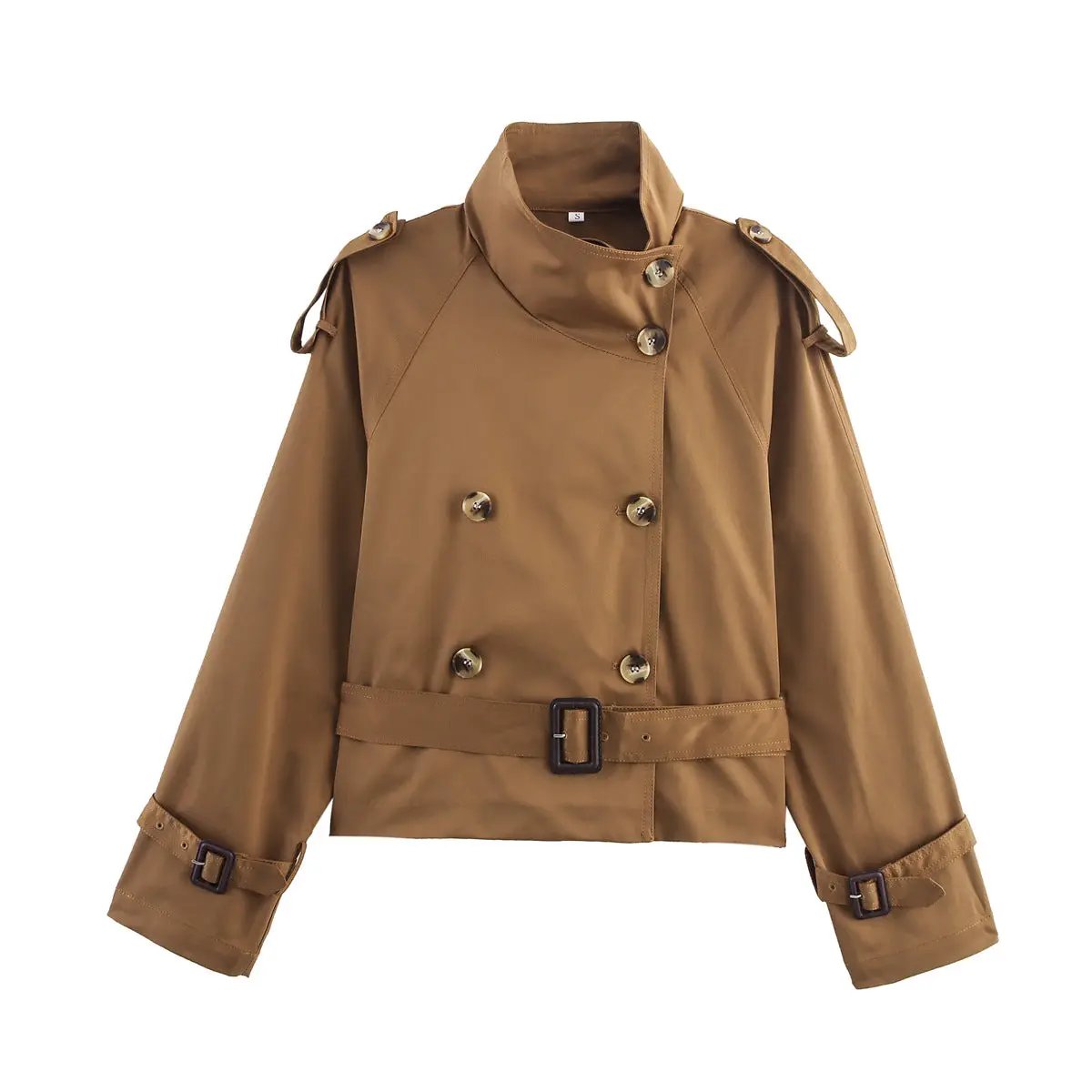 Notch-collar Short Trench Coat For Women With Belt Buckle Detailing by GJG Denim