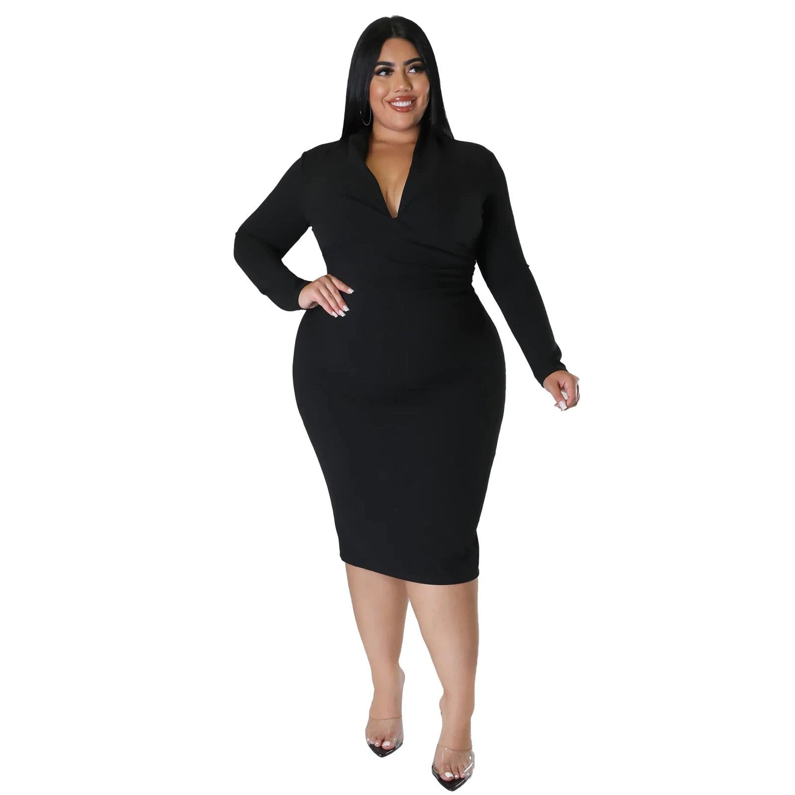 Fashion Casual Solid Color Long Sleeve Zipper V-neck Dress by GJG Denim