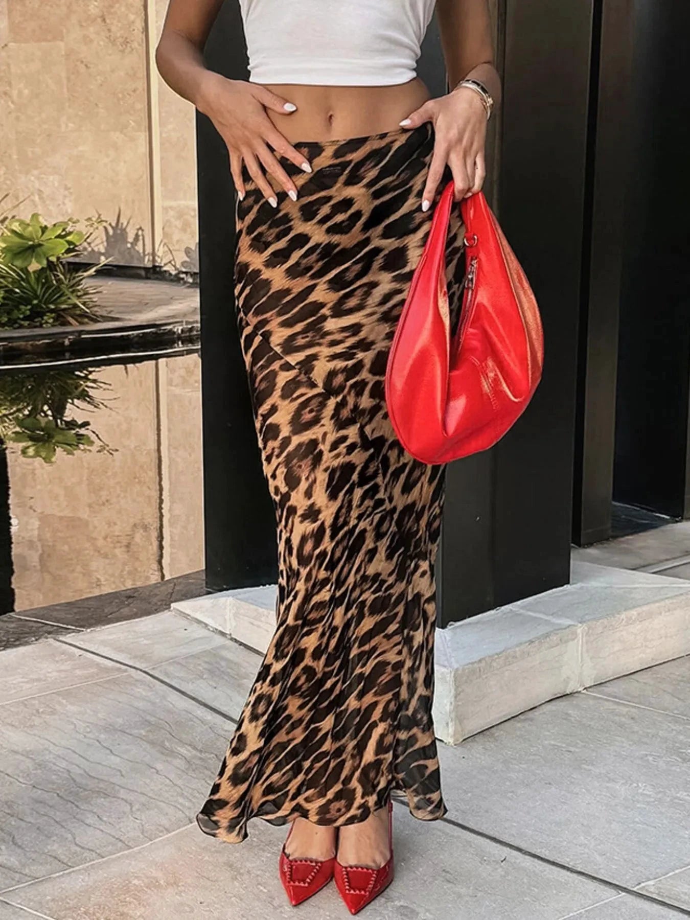 Leopard Print High Waist Flare Maxi Skirt by Lady Ros