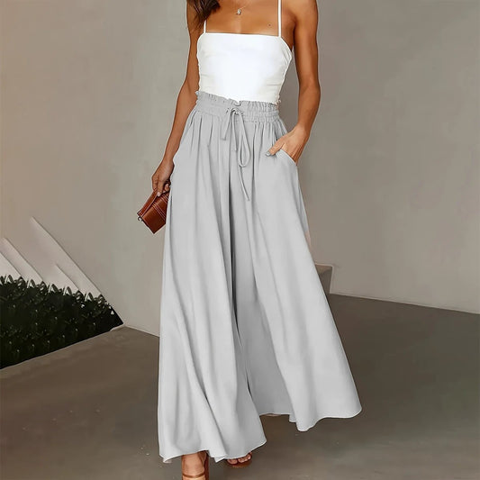 Plus Size Wide Leg Pants - Stylish Solid Paper Bag Waist Design, Elegant Pocket Tie Front, Loose Fit For Comfort, Perfect For Spring & Summer, Women's Fashionable Clothing For Curvy Figures by GJG Denim