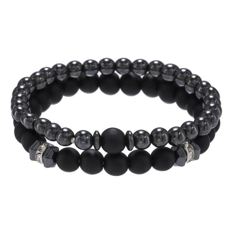 Men's 8mm Black Frosted Copper Bead Spot Drill Spacer Elastic Set Bracelet by GJG Denim