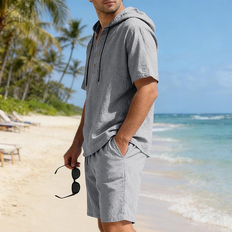 Mens Loose Breathable Linen Hooded Casual Set by GJG Denim