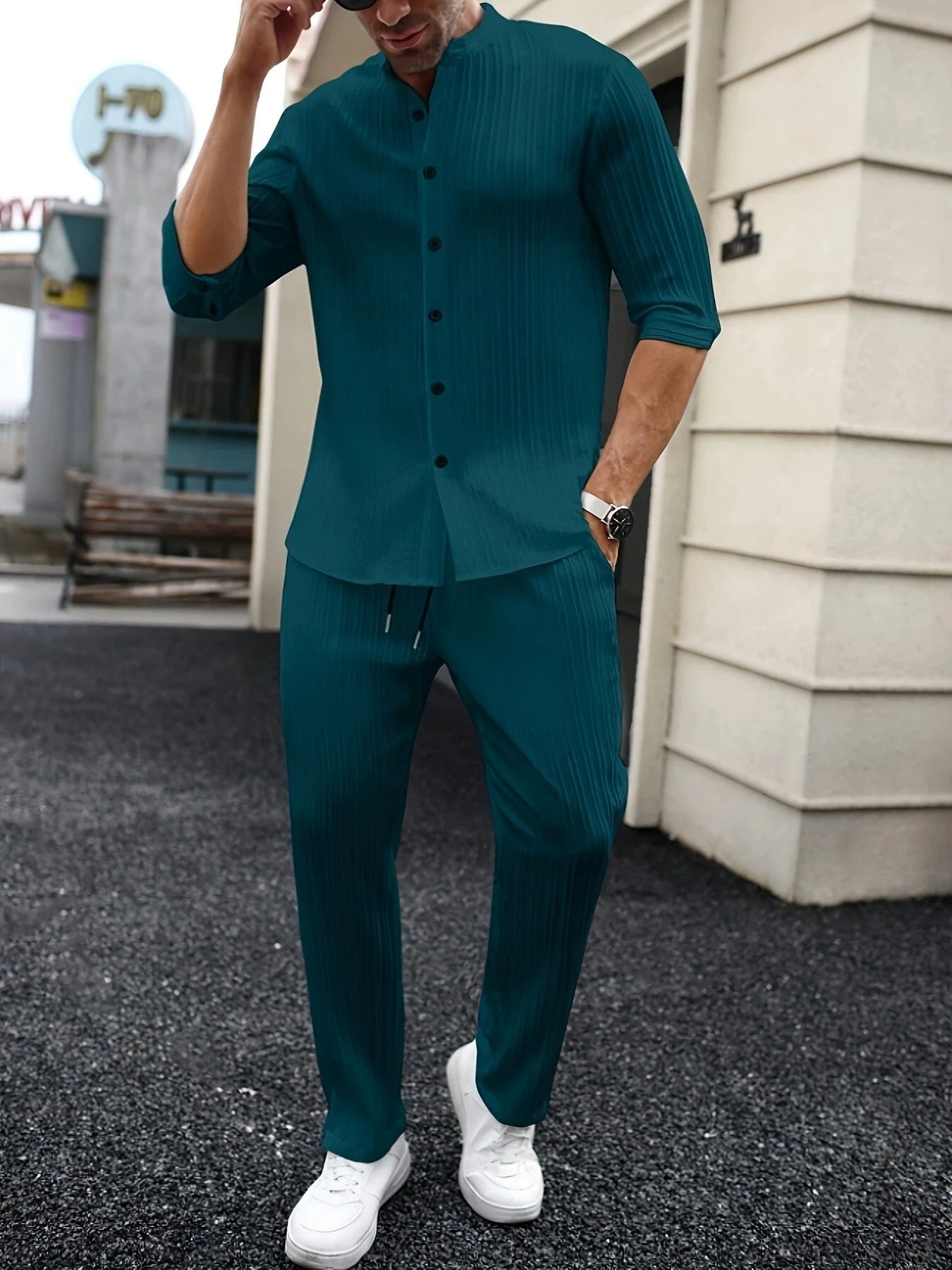 Men's Solid-Color Shirt And Pants Set by GJG Denim