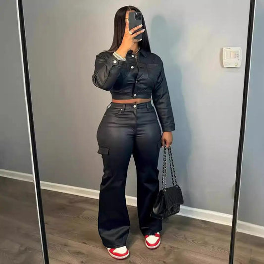 Suit-style Leather Jacket Best-selling Cardigan And Casual Trousers Set by GJG Denim