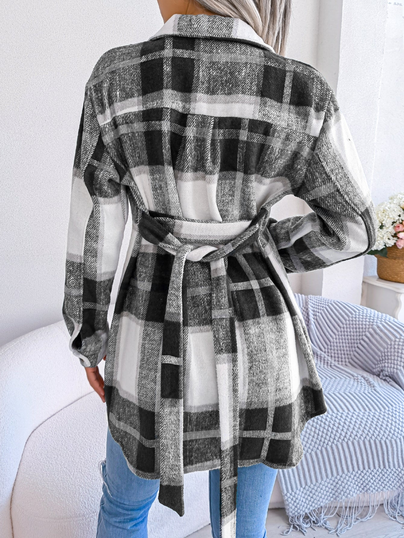 Women's Color-Blocked Plaid Long Sleeve Tie-Waist Thick Tweed Coat by GJG Denim