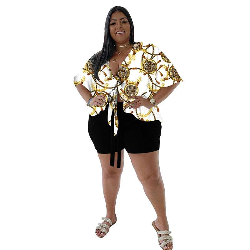 Women's Strappy Short-Sleeve Top And Printed Shorts casual Set by GJG Denim