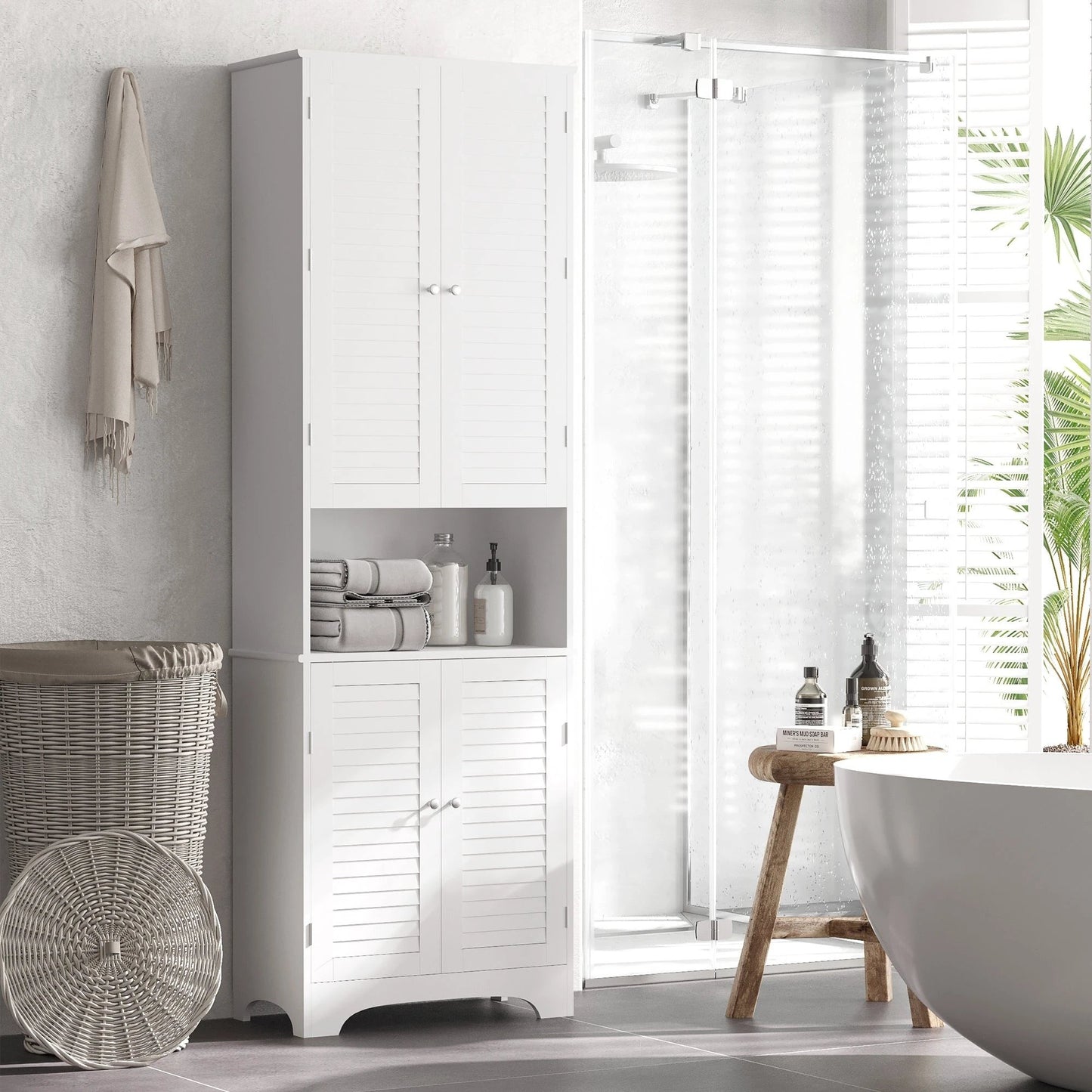 Tall Narrow Bathroom Storage Cabinet with Doors and Shelf Adjustability, Freestanding Linen Cabinet with 2 Cabinets and Countertop, White by GJG Denim