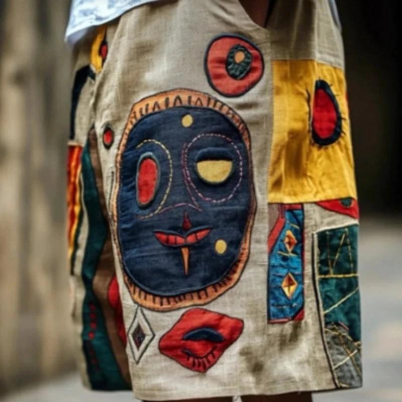 Retro Tribal Mask Geometric Art Men's Casual Shorts by GJG Denim