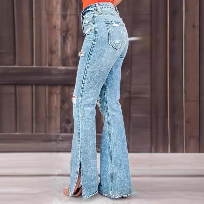 Ladies Jeans High Waist Ripped Slightly Stretch Split Trousers by GJG Denim
