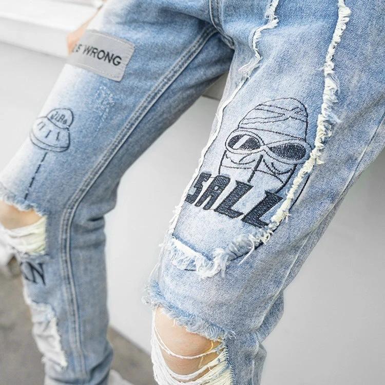Knee Hole Patch Cloth Jeans For Men by GJG Denim