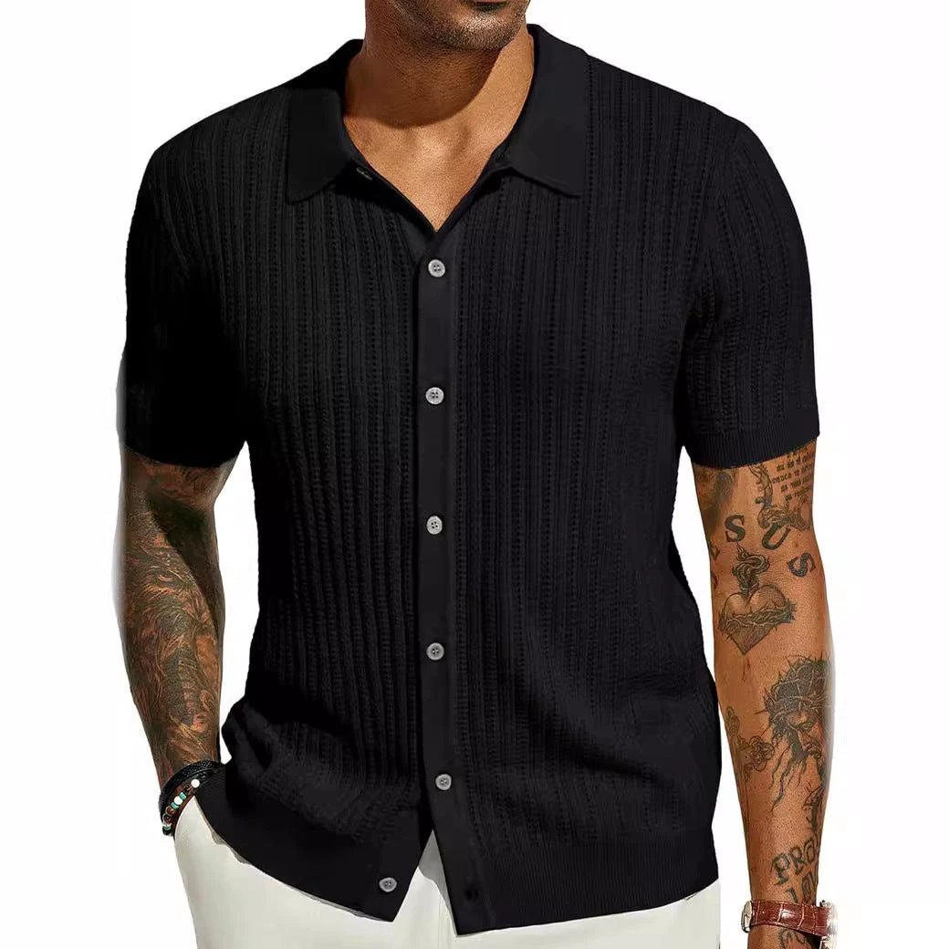 Summer Cool Knitted Men's Shirt Short Sleeved Lapel Solid Color by GJG Denim