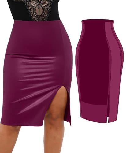 Popilush Shapewear Faux Leather Skirts with Built in Shapewear Tummy Control High Waist Midi Skirt with Shaper for Women by Lady Ros