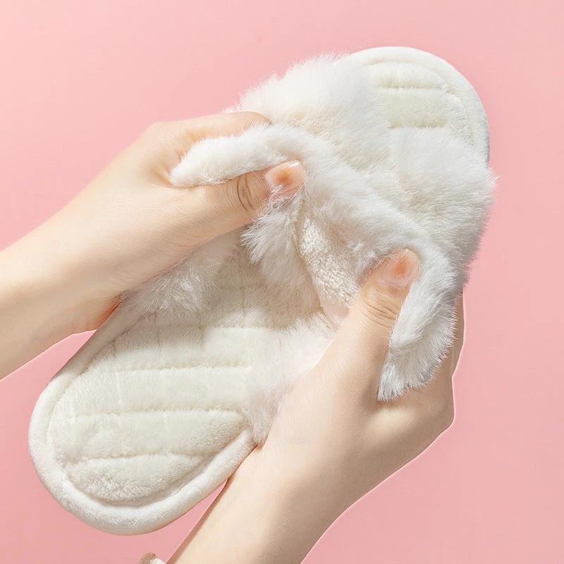 Cross-strap Furry Slippers Warm House Shoes For Women Winter Casual Flip Flops Fluffy Shoes Slides Soft Plush Home Indoor Slippers by GJG Denim