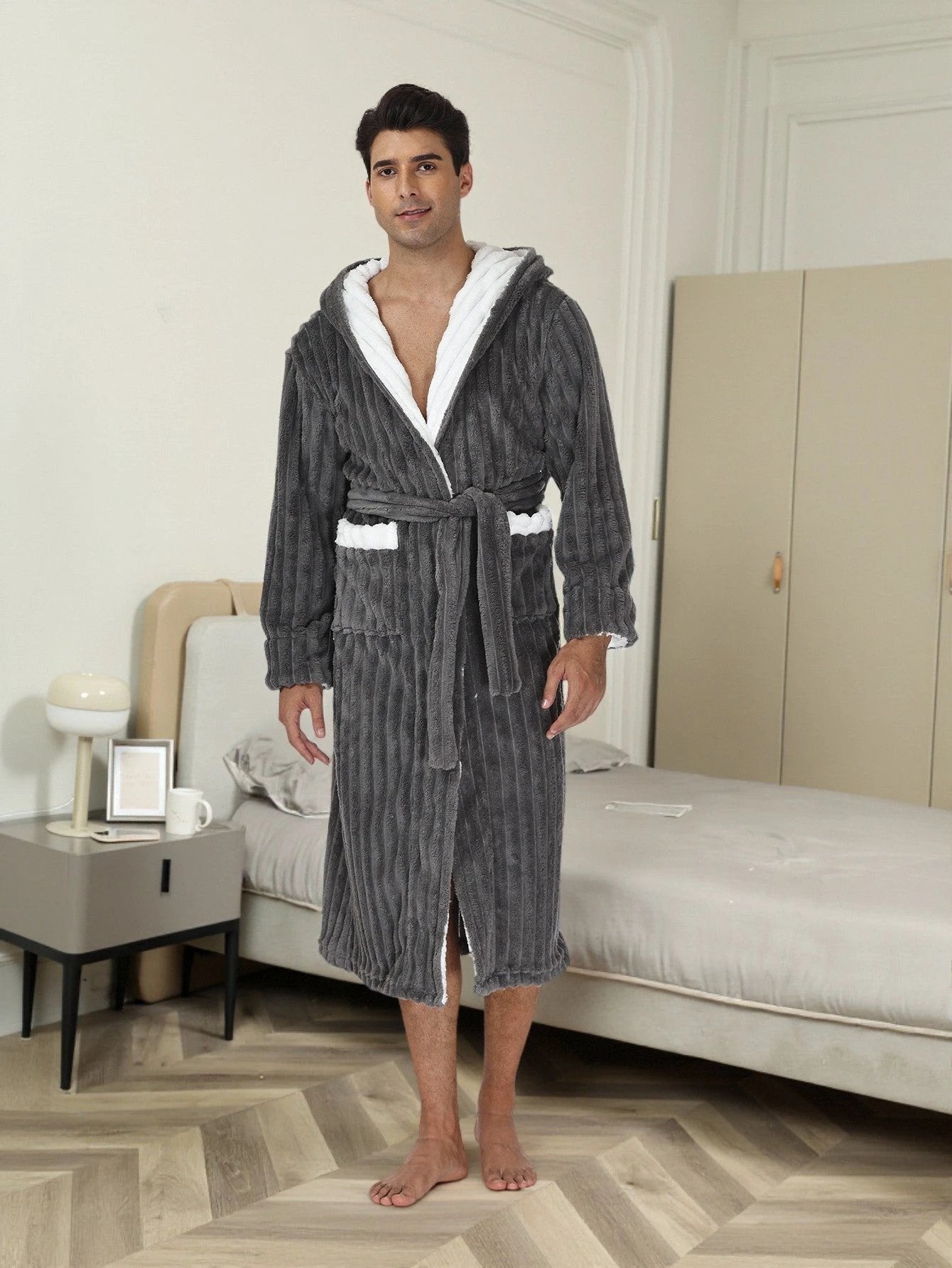Men's Thick Flannel Long Hooded Bathrobe by GJG Denim