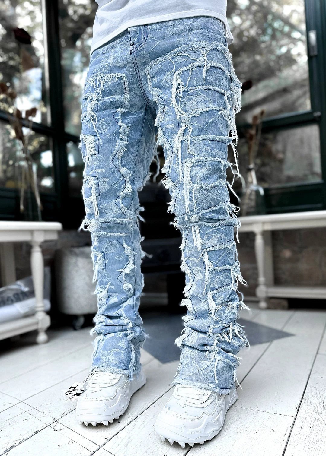 Men's Individual Patched Pants Long Tight Fit Stacked Jeans by GJG Denim