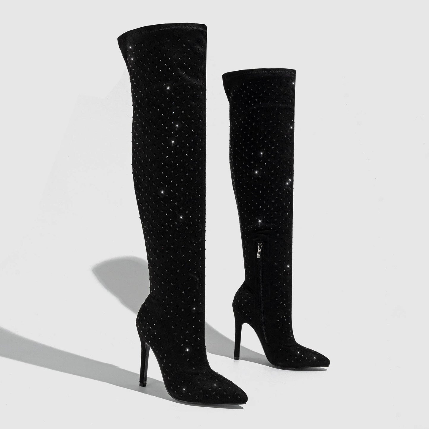 Pointed Toe Diamond Stiletto Heel Side Zipper Over-the-knee High Boots by GJG Denim
