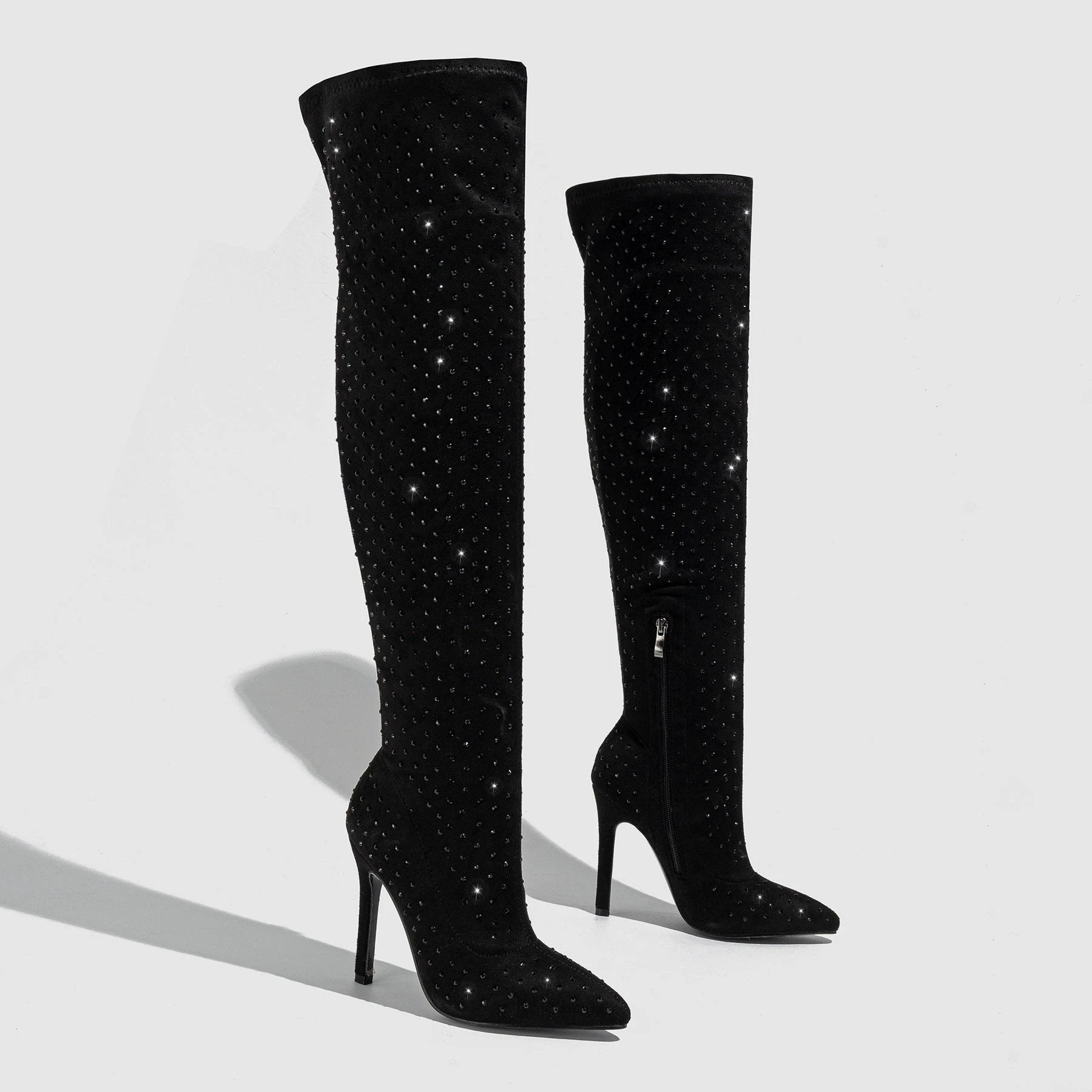 Pointed Toe Diamond Stiletto Heel Side Zipper Over-the-knee High Boots by GJG Denim