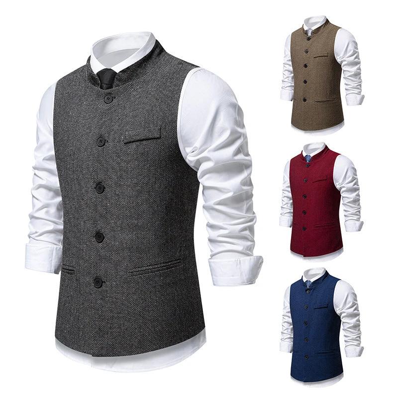 Men's Retro Stand Collar Herringbone Solid Color Suit Vest by GJG Denim
