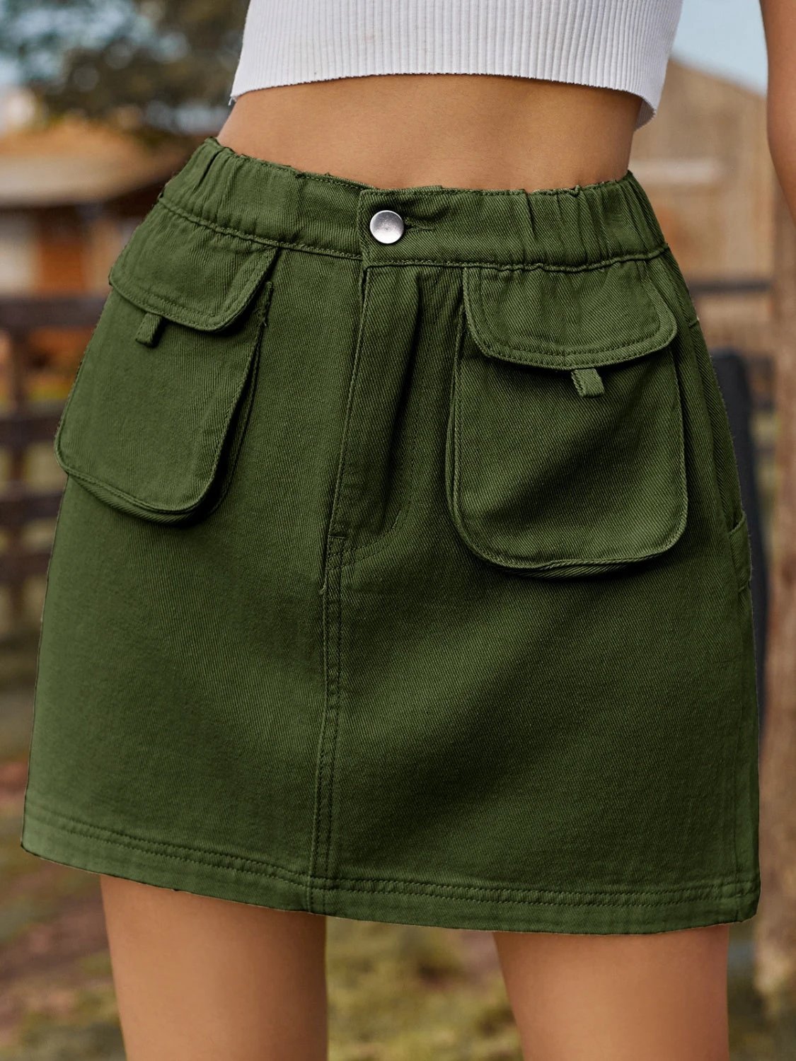 Pocketed Elastic Waist Denim Skirt by Lady Ros