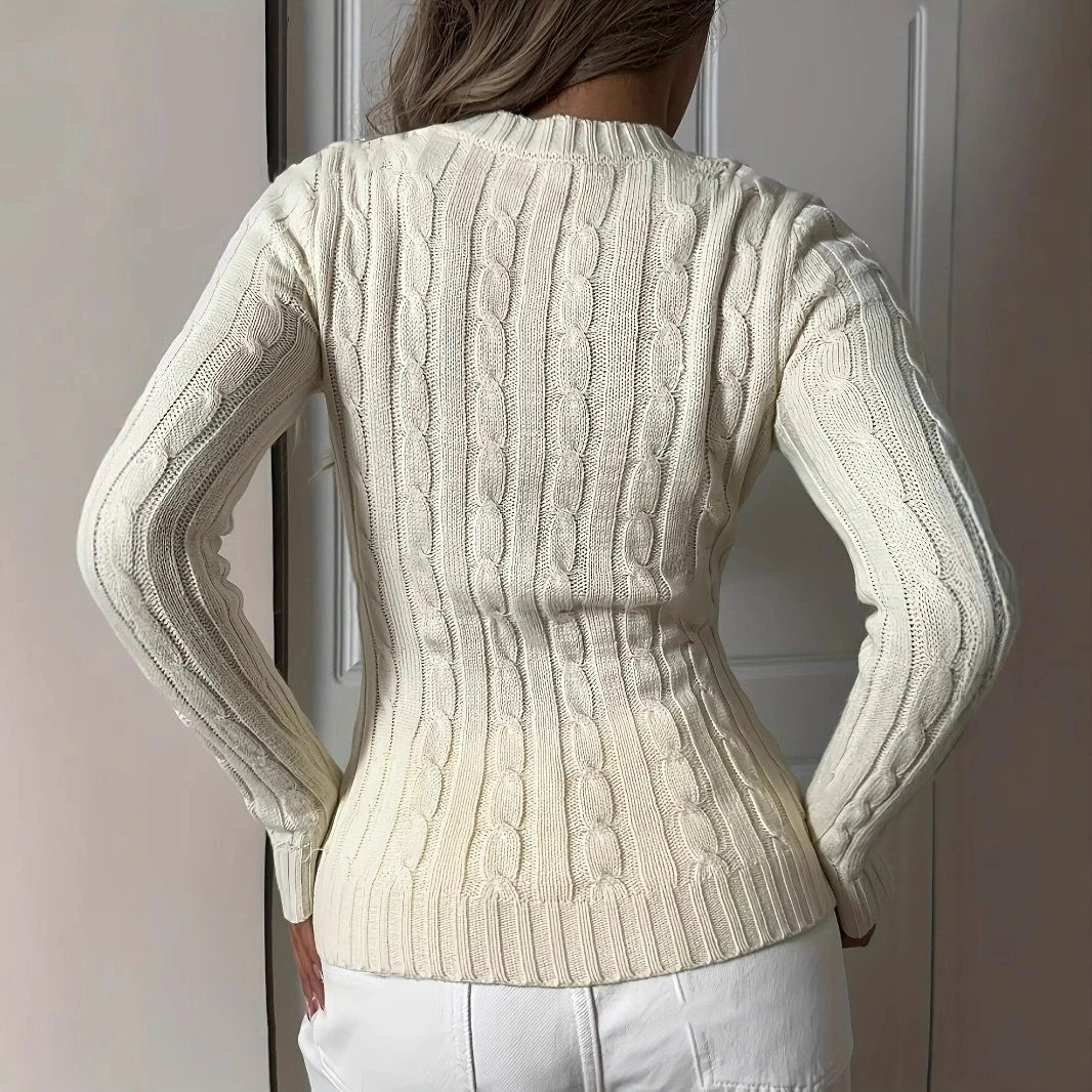 V-neck Cable-knit Sweater Versatile Long-sleeve Knit Top by GJG Denim