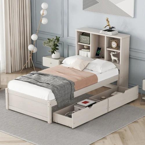 Modern Twin Size Bed Frame With Built-in USB Port On Bookcase Headboard And 2 Drawers White Washed Color by GJG Denim
