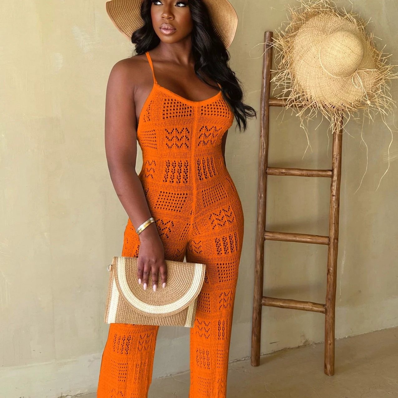 Woolen Knitted Sexy Sling Geometric Hollow-out Jumpsuit by GJG Denim