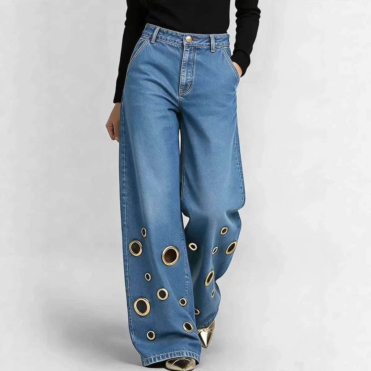 High-waisted Loose-fit Denim Jeans With Cutout Detailing And Metal Eyelets by GJG Denim