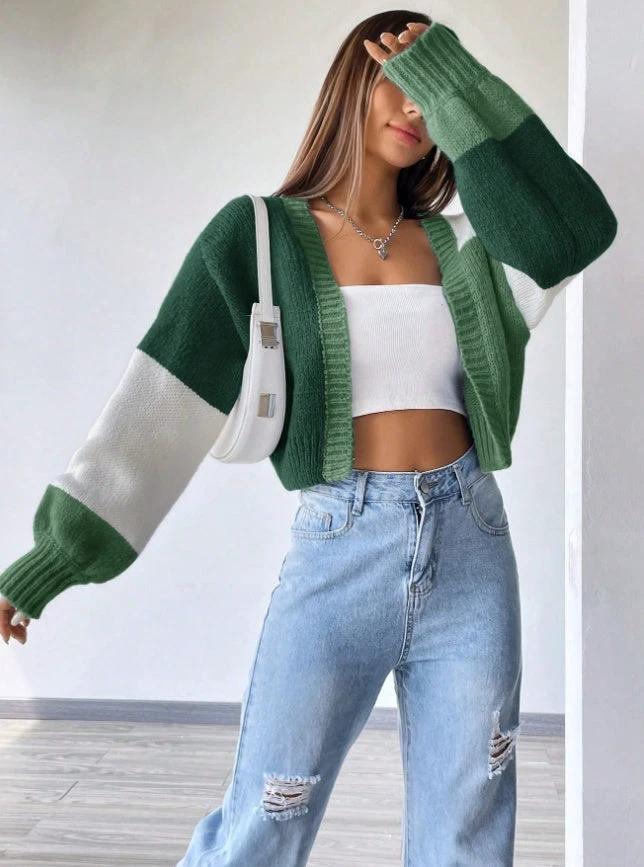 Flirla Colorblock Drop Shoulder Duster Cardigan,Long Sleeve Tops by GJG Denim