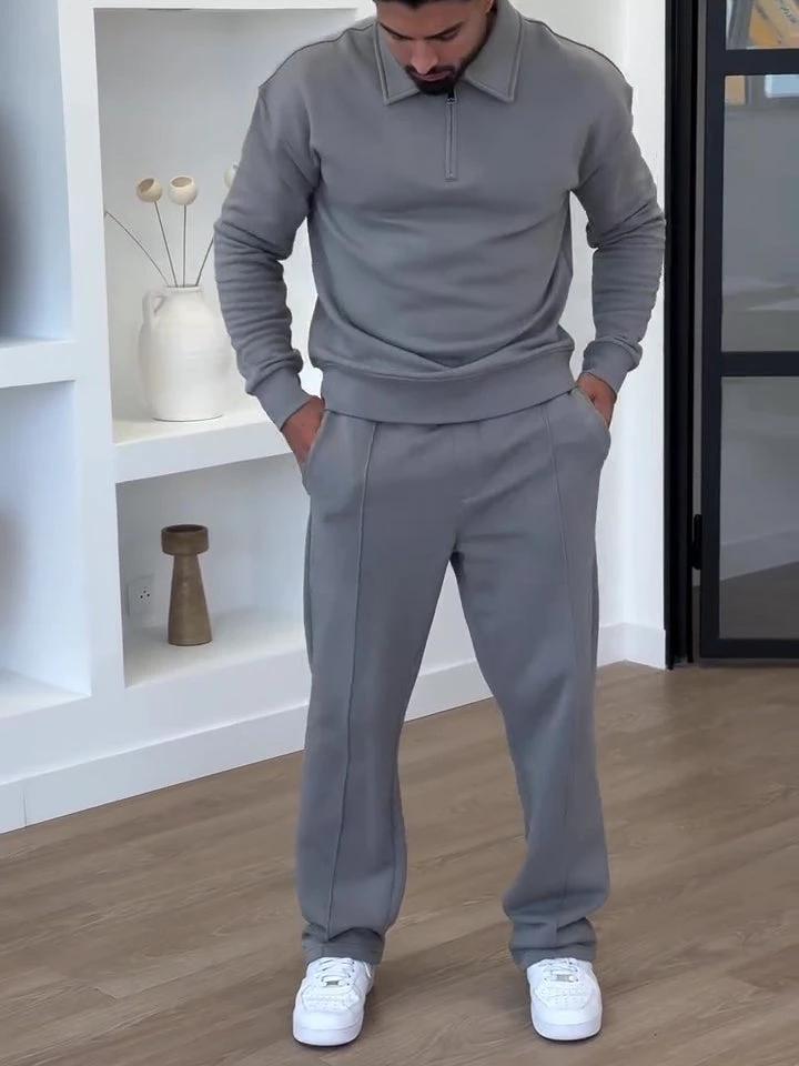 Men's Half-Zip Polo Sweatshirt & Slim Flare Pants Set by GJG Denim