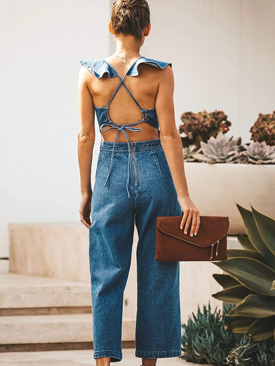 Ruffled Backless Sleeveless Denim Jumpsuit by Lady Ros