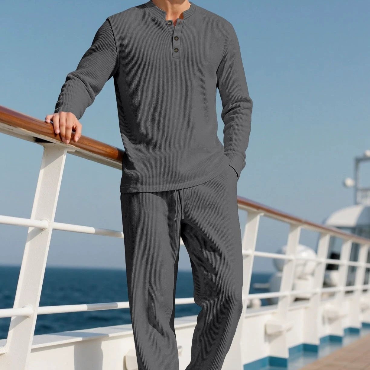 Men's Casual Solid Color Button Down Crew Neck Long-Sleeve Pants Set by GJG Denim