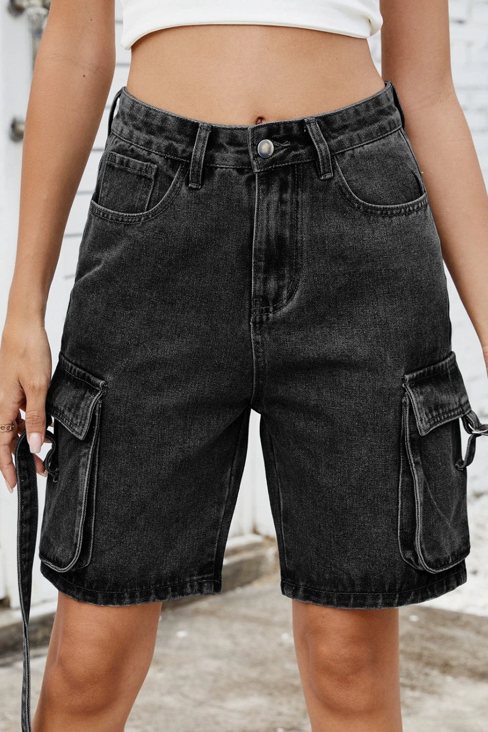 Washed Cargo Denim Shorts by Lady Ros