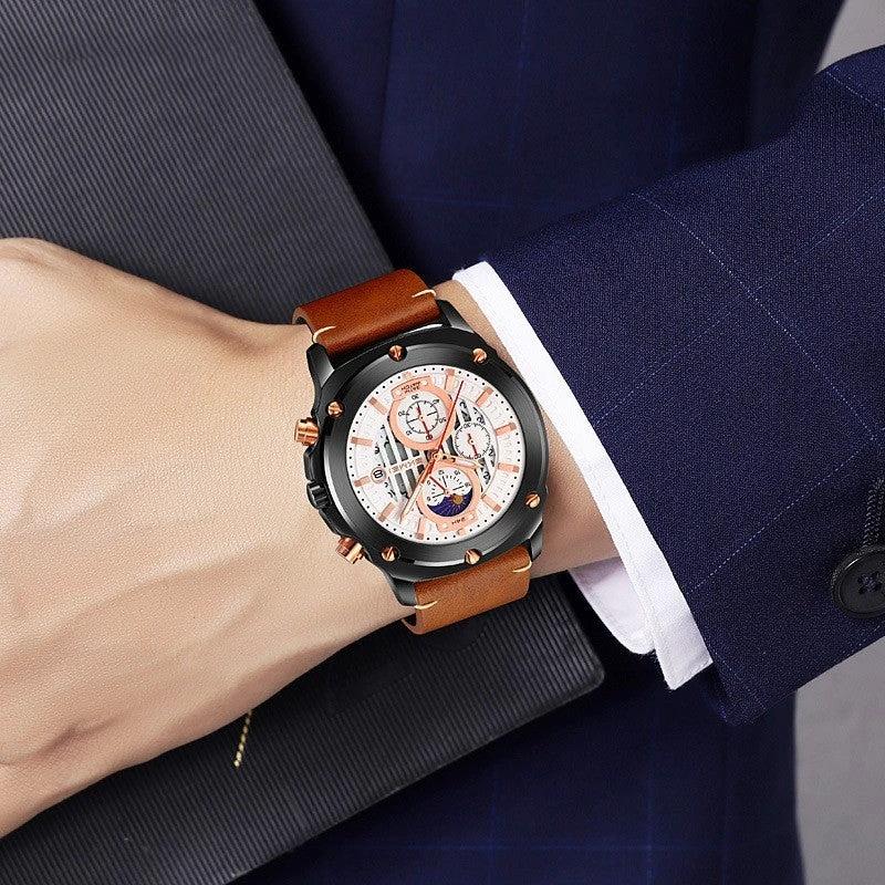 Men's Fashion Trend Leather-belt Three Eyes And Six Needles Quartz Watch by GJG Denim