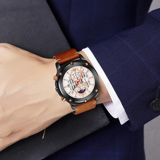 Men's Fashion Trend Leather-belt Three Eyes And Six Needles Quartz Watch by GJG Denim