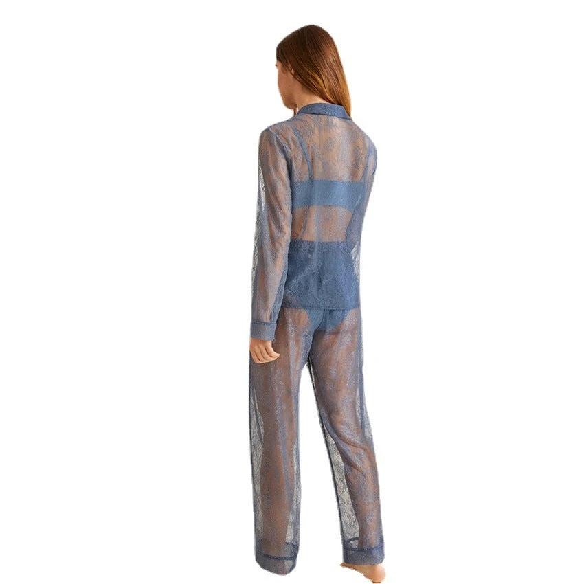 European And American Lace See-through Dress Long-sleeved Lapel Sexy Sexy Net Gauze Pajamas Women by GJG Denim