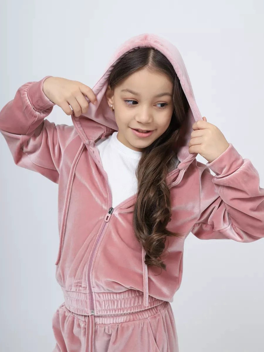 Girls' Sports Cap Velvet Casual Sweatshirt Two-piece Set by GJG Denim