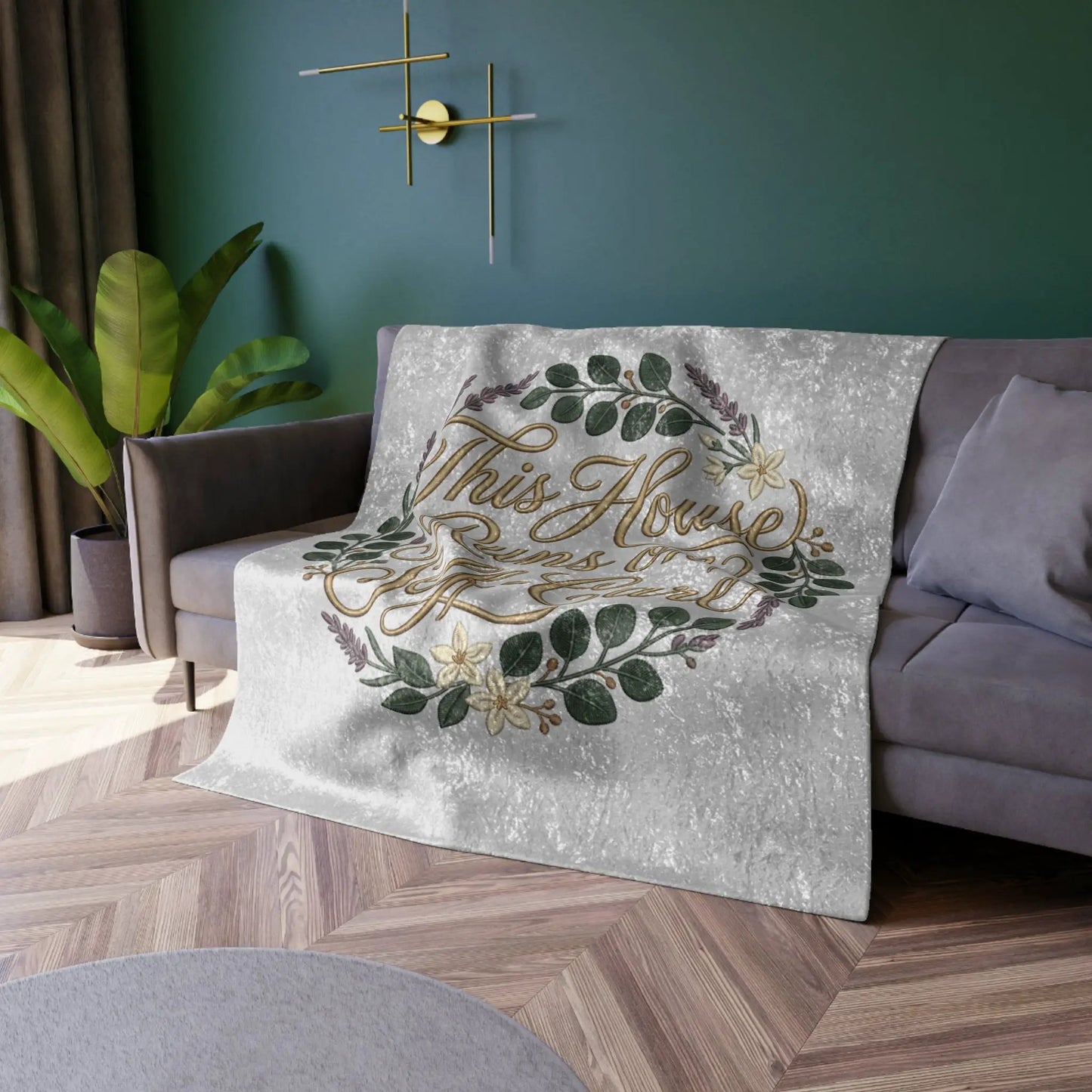 Crushed Velvet Blanket - "This House Runs on Self-Care" Wreath Throw by Printify