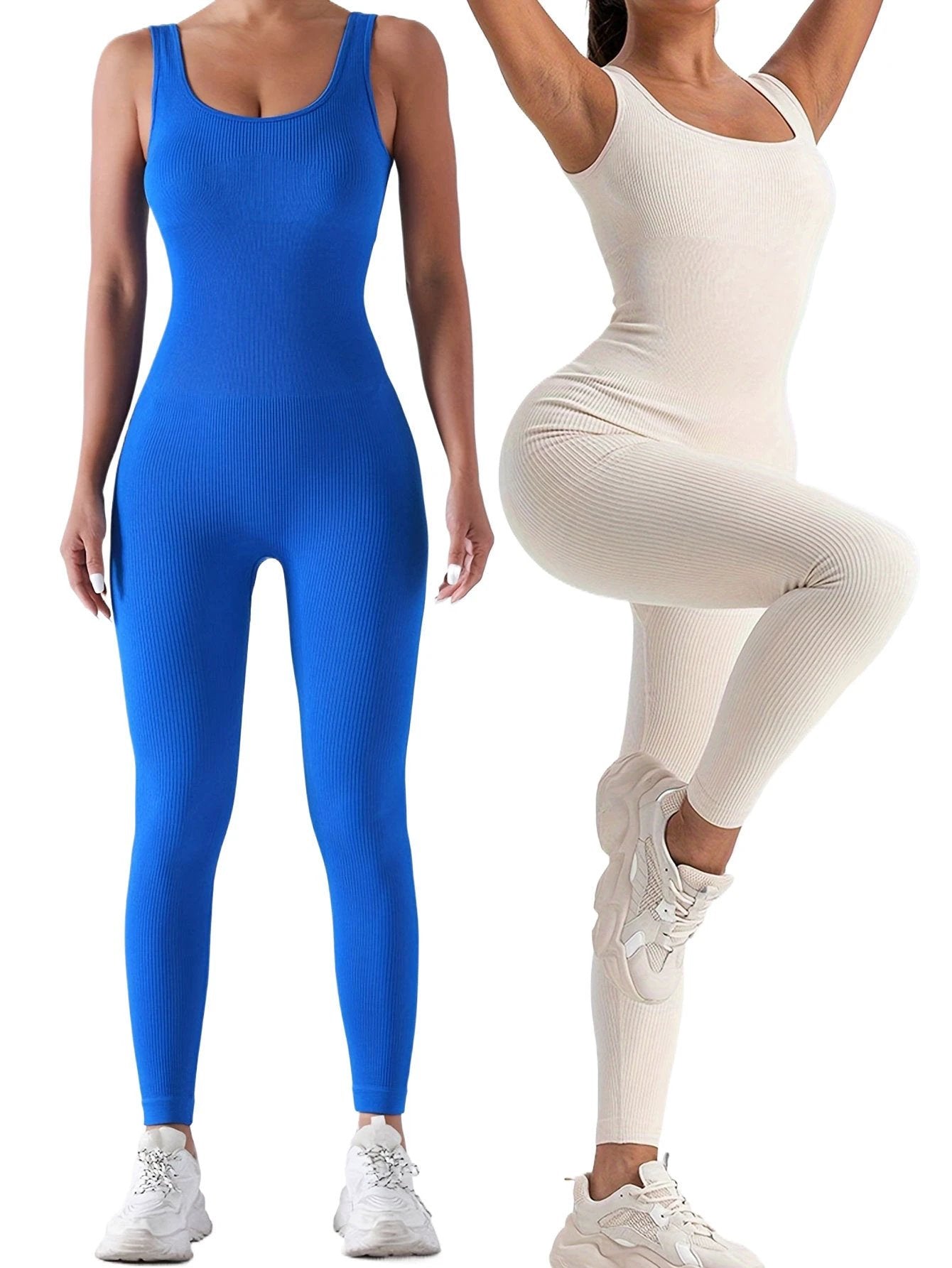 2 Pack Women's Ribbed Solid Color One-Piece Jumpsuit, Form-Fitting Sensual Activewear, Classic Sleeveless Full-Length Pants For Sport Casual Wear by GJG Denim