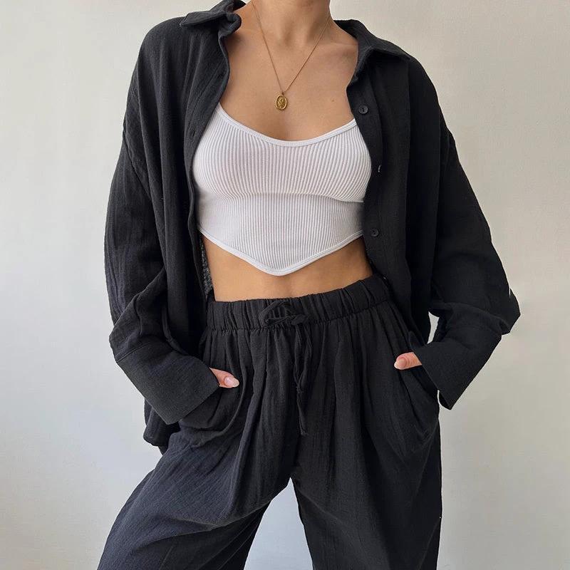 Women's Solid Color Lapel Collar Long Sleeve Shirt & High-Waist Pants Set - Casual Loose Fit Spring&Summer Outfit by GJG Denim