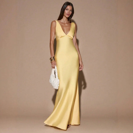 Sexy Backless V-neck Satin Maxi Dress by GJG Denim
